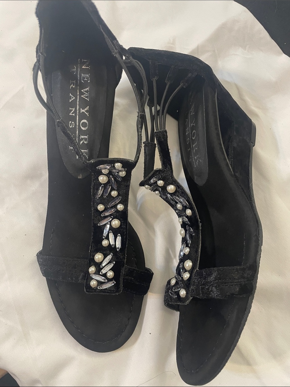 New York Transit Black Jeweled T-Strap Sandals